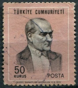 Turkey Sc#1836 Used, 50k pink & blk, Definitive, 1970, Ataturk - Coloured Bac...