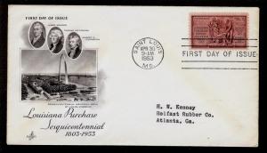 FIRST DAY COVER #1020 Louisiana Purchase Sesquicenten 3c ARTCRAFT Addr FDC 1953
