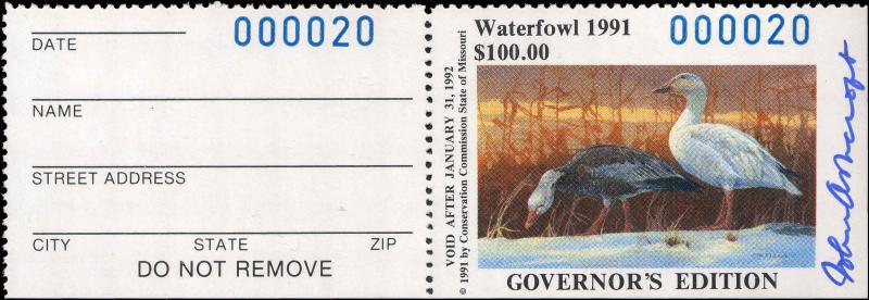 MISSOURI #13GH 1991 HAND SIGNED GOVERNOR STAMP ONLY 100 MADE  #20 John Ashcraft