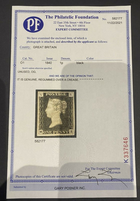 GREAT BRITAIN 1 1840 1p black official unused superb we think OG $30,000 GP4/19 