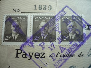 Canada - Revenue - KGVI Issue Stamps on cheque dated 1951