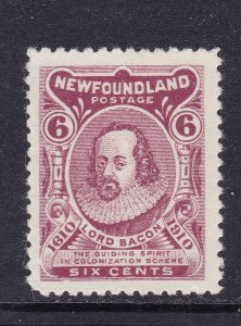 Newfoundland Scott 92A 1910 6c Lord Bacon, VF/XF, MNH.  Scott $125