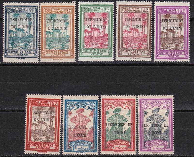 1932 Inini Scott J1-J10 no J9 Overprint on French Guiana stamp MLH dull gum