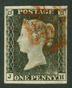 SG 2 1d black plate 1a lettered JH. Very fine used with a red Maltese cross...