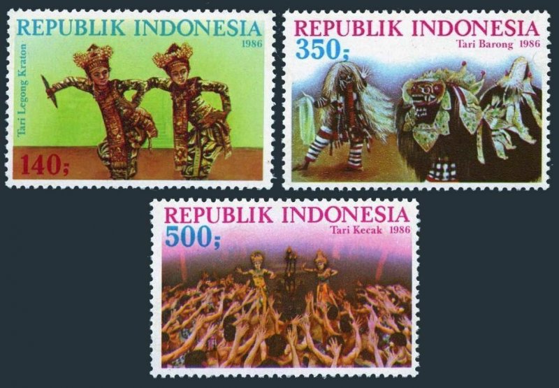 Indonesia 1301-1303,MNH.Mi 1205-07. Folk dances 1986.Legong Kraton,Barong,Kecak.