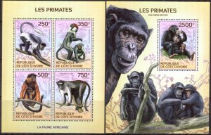 Ivory Coast 2014 Monkeys Primates Sheet + S/S MNH