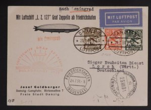 1931 Danzig Graf Zeppelin LZ 127 Leningrad USSR Polar Flight to Postcard Cover