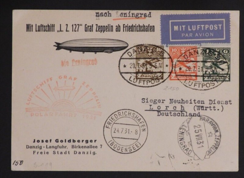 1931 Danzig Graf Zeppelin LZ 127 Leningrad USSR Polar Flight to Postcard Cover