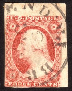 1855, US 3c, Corner margin, Used, Sc 11A