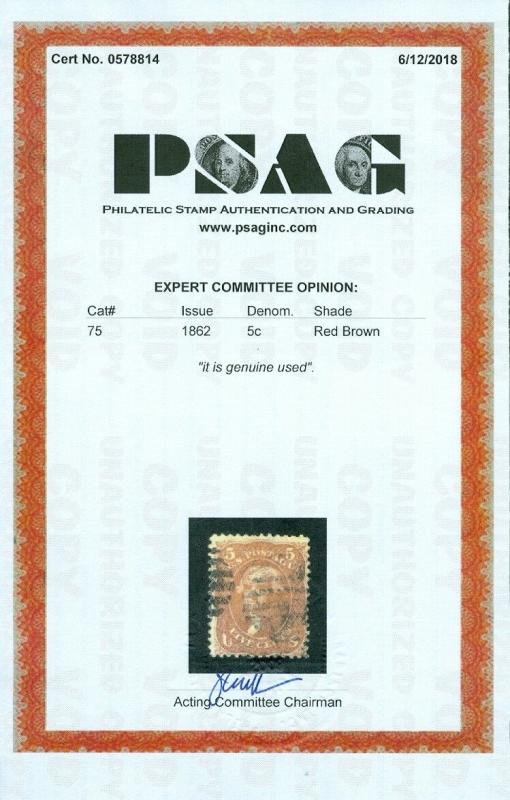 EDW1949SELL : USA 1862 Scott #75 Used. Fresh & Choice stamp. PSAG Cert. Cat $450 