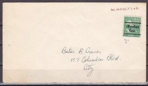 United States, Precancel cover. Waterbury, Conn. o/print on 1 cent stamp ^