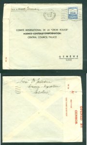 Palestine 1941. Cover Censor Jerusalem. 15m. Adr: Internat. Red Cross. Switzer.