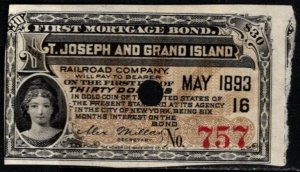 1893 US The Joseph & Grand Island Railroad Company Pay $30.00 in Gold Coin