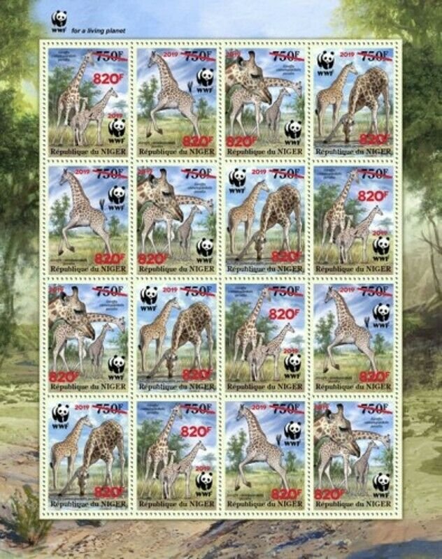 Niger - 2019 West African Giraffe & WWF Overprint - 16 Stamp Sheet - NIG190524f1
