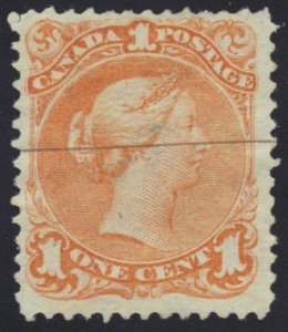 CANADA 1868 1¢ YELLOW ORANGE Sc. #23 ONE LINE CANCEL VERY SMALL THIN UNDER HINGE