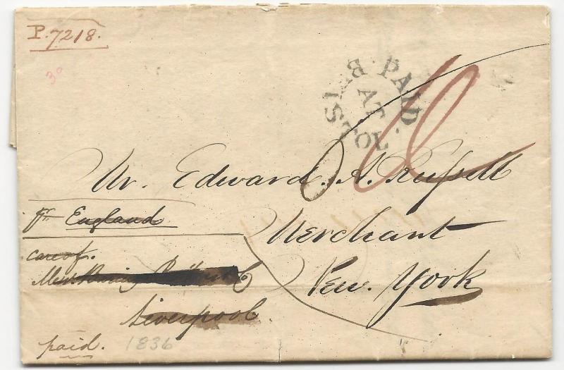 US Stampless Ship Cover Folded Letter Bristol via Liverpool Paid Dec 27, 1835