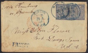 GERMANY TO US 1868 NORTH GERMAN CONFEDERATION 2GR. PAIR TIED BERLIN IN BLUE TO