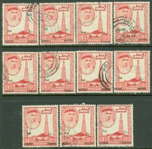 EDW1949SELL : QATAR 1966 Sc #108G. 1 Riyal Overprint 11 stamps VF, Used Cat $550