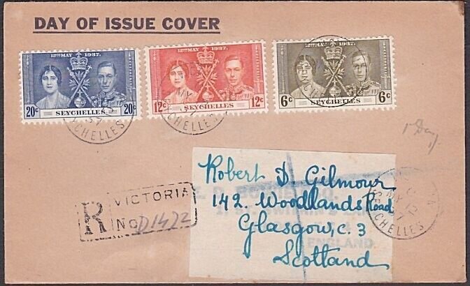 SEYCHELLES 1937 Coronation set on registered FDC to UK.....................a3679