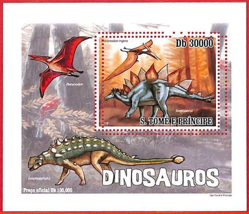 A4446 - SAO TOME & PRINCIPE- ERROR MISPERF Souvenir s: 2010 Dinosaurs Prehistory