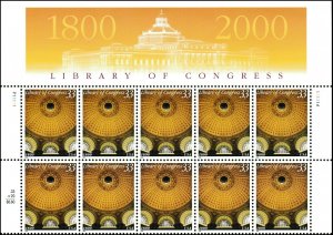 US 3390 Library of Congress 33c header block (10 stamps) MNH 2000