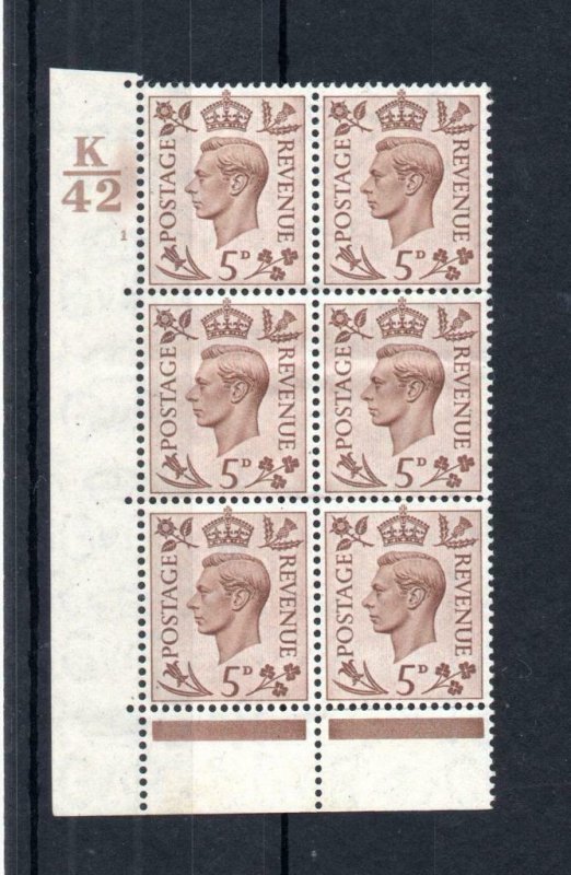 GEORGE VI 5d MOUNTED MINT CONTROL K42 CYLINDER 1 BLOCK Cat £25