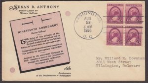 1936 Susan B. Anthony women's suffrage Sc 784-37 Linprint cachet, block of 4