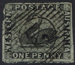 WESTERN AUSTRALIA 1854 SWAN 1D ROULETTED USED 