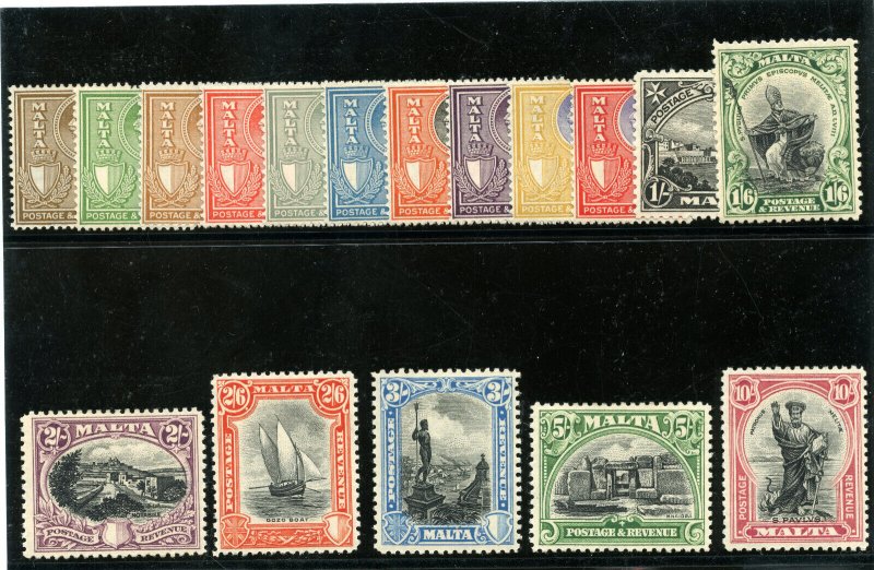 Malta 1930 KGV set complete MLH. SG 193-209. Sc 167-183. 