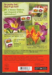 LILY = BACK BOOKLET PAGE OF 5 + STICKERS Canada 2012 #2529-2530 MNH