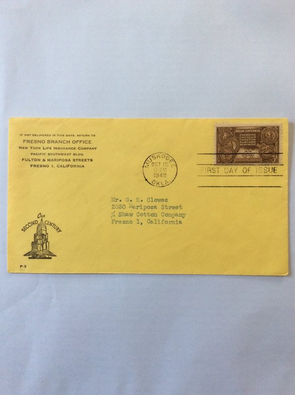 1948 Indian Centennial 3c First day cover. Muskogee OK post mark to Fresno.