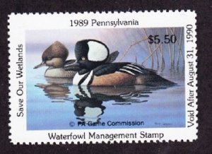 PA7 Pennsylvania #7 MNH State Waterfowl Duck Stamp - 1989 Hooded Merganser