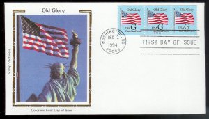 UNITED STATES FDC 'G' Rate Flag PNC#S11111 Strip of 3 1994 Colorano