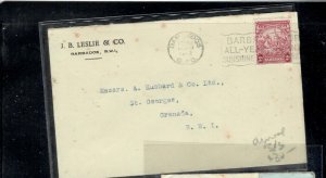 BARBADOS COVER (P0308B) 1942 SEAHORSE 2D AD COVER TO GRENADA ARRIVAL B/S 