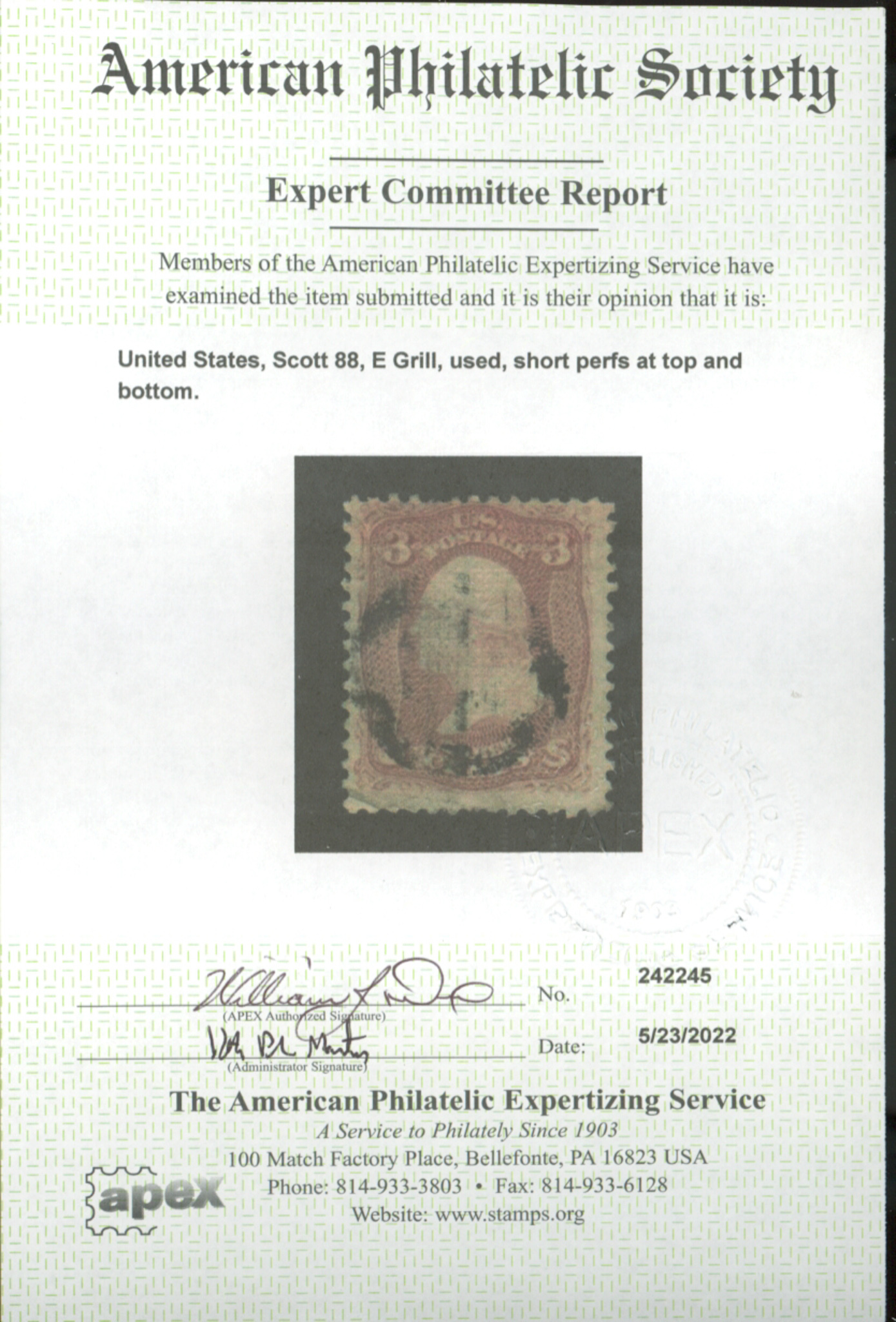 U.S. 88 Used With APS Cert United States, General Issue Stamp / HipStamp