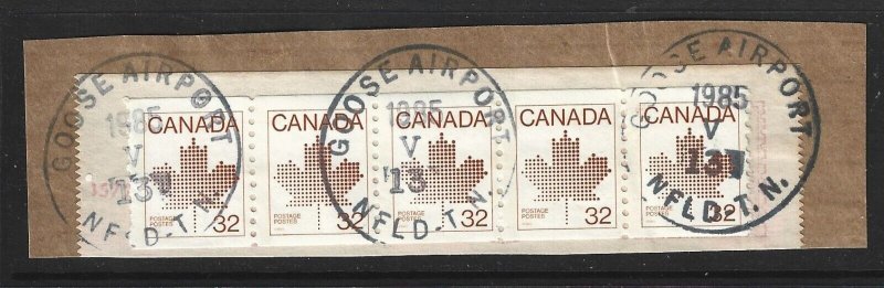 CANADA - #951 - 32c MAPLE LEAF COIL STRIP OF 5 ON PIECE GOOSE AIRPORT, NL CANCEL