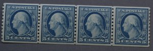 United States #496 5 Cent Washington Strip of Four w/ Coil Line Pair MNH