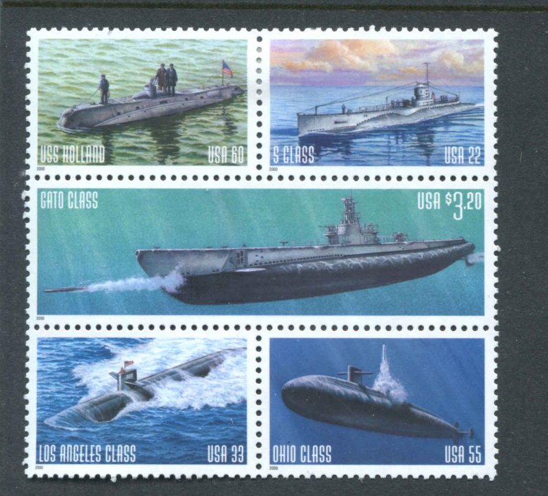 3373-3377 Submarine Stamps Block Of 5 Top Two Hinged Rest MNH