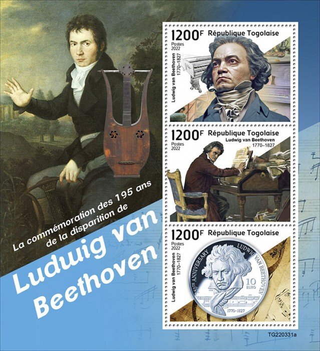 TOGO - 2022 - Ludwig van Beethoven - Perf 3v Sheet - Mint Never Hinged