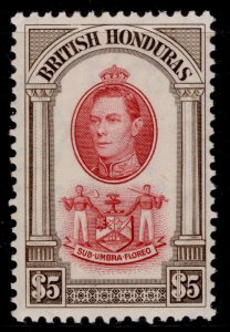 BRITISH HONDURAS GVI SG161, $5 scarlet & brown, NH MINT. Cat £75.