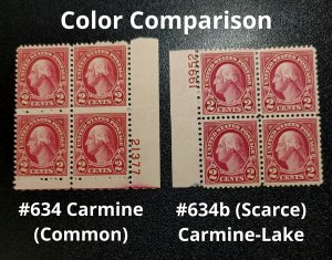 Scott Stamp #634 & 634b-1926 Scarce Washington Carmine-Lake, MNH OG- SCV $4,250