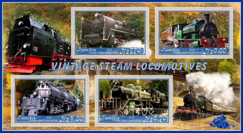 Stamps. Trains,  steam locomotives 2019 year 1+1 sheets perforated