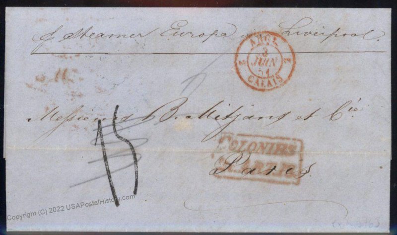 USA 1851 Havana Paris Liverpool Schneider NY Agent Steamer Europa Cover 92177