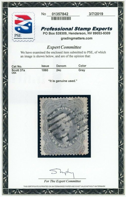 US Stamp #37A Washington 24c, PSE Cert - Used - SMQ - $400.00 