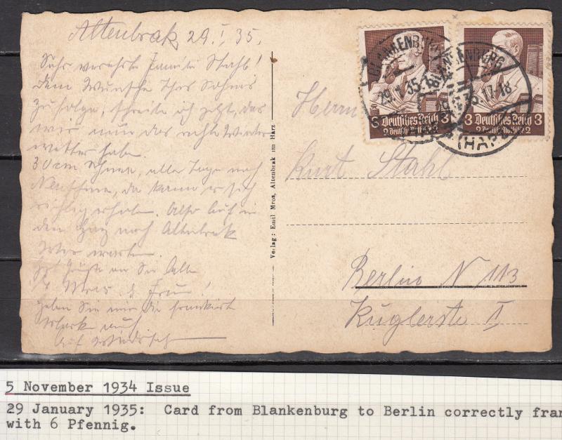 Germany - 29.1.1935 3pf Professions as MeF on card Blankenburg - Berlin (5050)