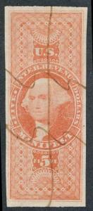 U.S. R90a USED RED $5 MANIFEST, IMPERF VF