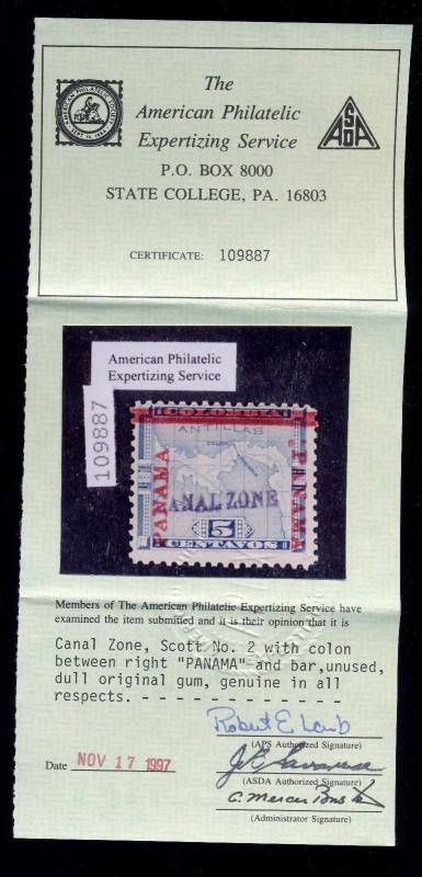 Canal Zone Scott #2 Var w/Colon Between Bar and R PANAMA Mint Stamp w/APS Cert