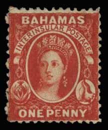 Bahamas #12 Cat$90, 1863 1p vermilion, part original gum