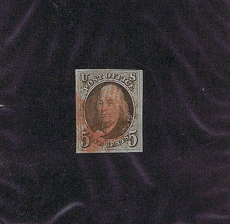 SC# 1a USED 5 CENT FRANKLIN, 1847, RED GRID CANCEL, 2019 PSAG CERT