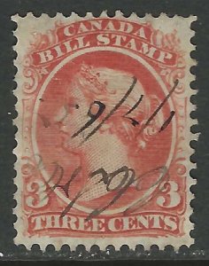 CANADA 1865 QV 3c Red BILL STAMP REVENUE VDM. FB20 USED